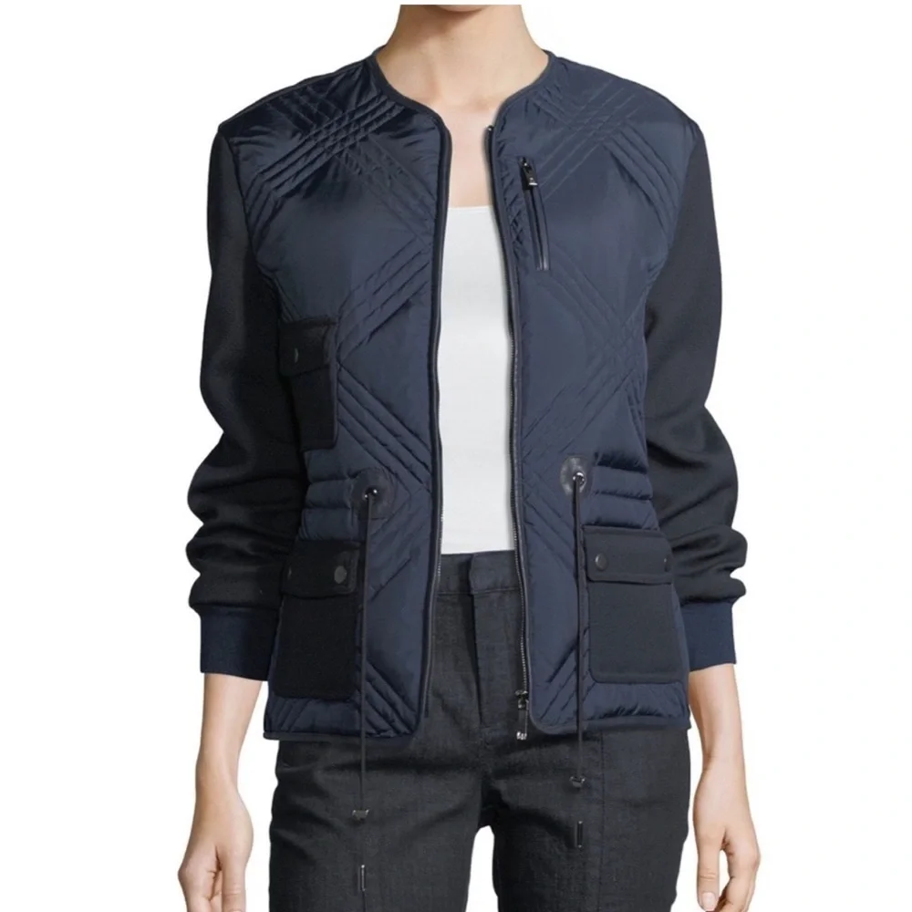 Tory Burch Hilary navy elbow patch quilted jacket